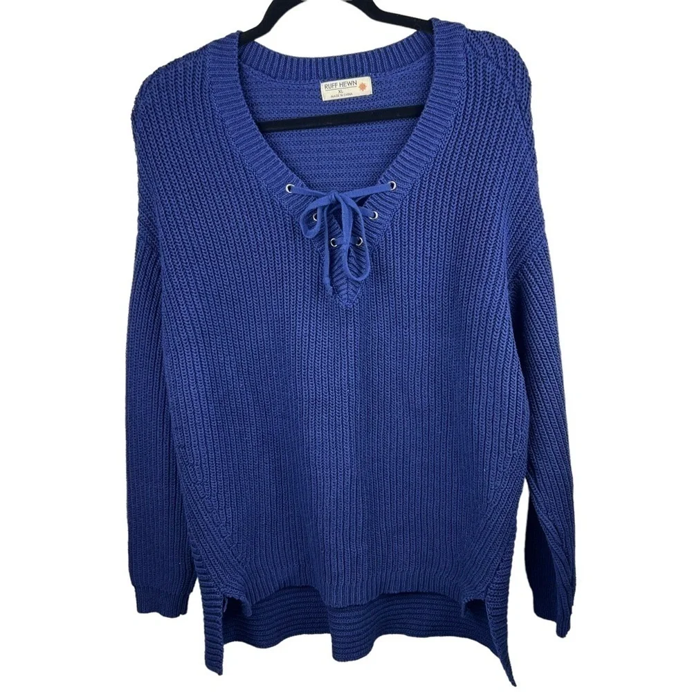 Y2K RUFF HEWN Chunky Ribbed Oversized Blue Sweater Size XL 1X V-Neck Pullover